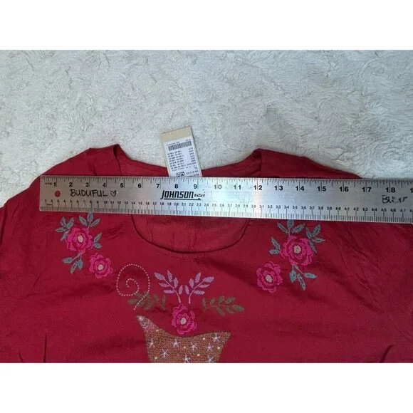 Gudrun Sjoden Okarina Eco-Cotton Blouse Womens XL Cranberry Red Lagenlook New